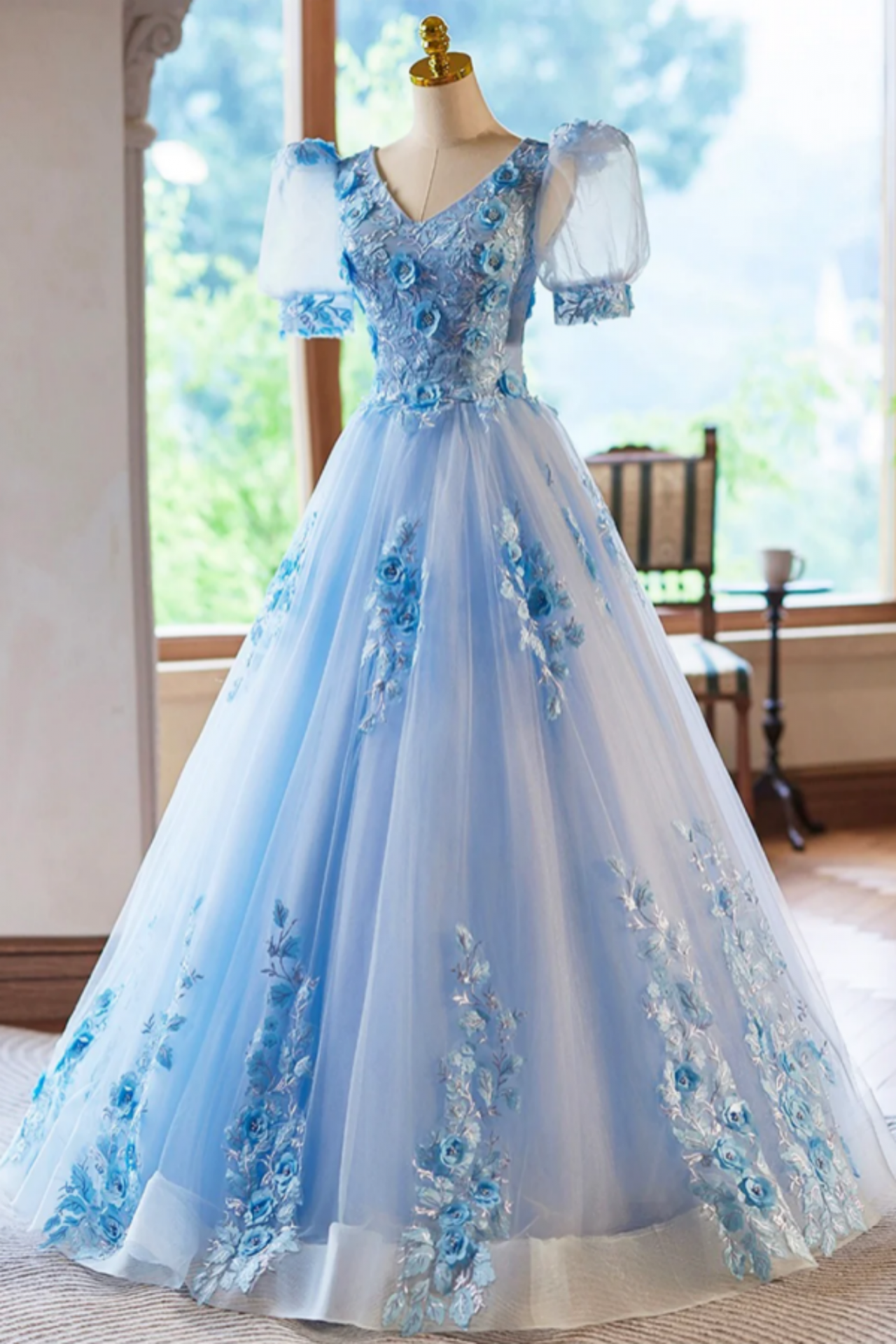 Blue Appliques Lace Flower Floor Length Prom Dresses, V Neck Short Sleeve  Evening Dress
