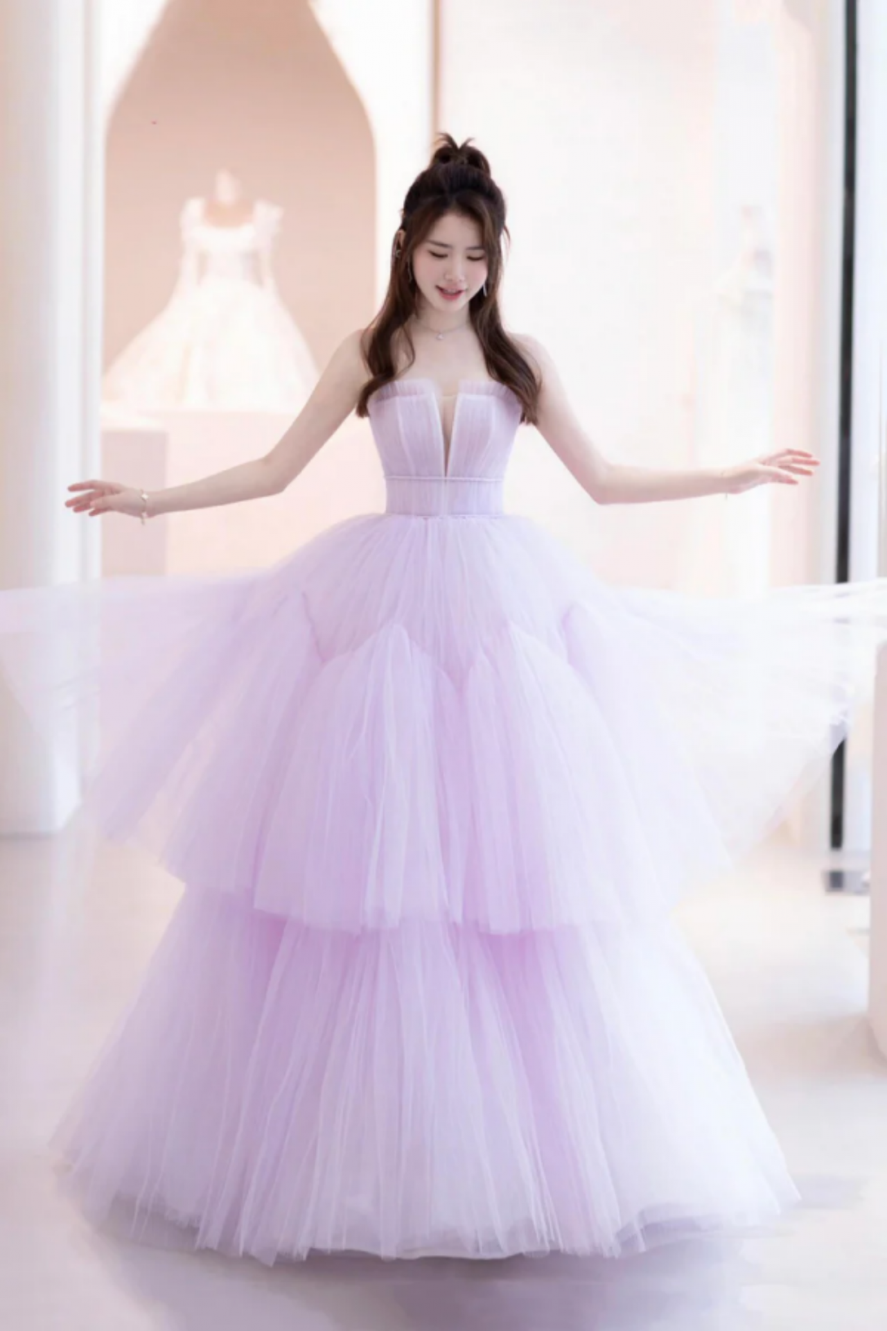Purple Tulle Long A-Line Prom Dress, V-Neck Evening Dress with Slit Y1687