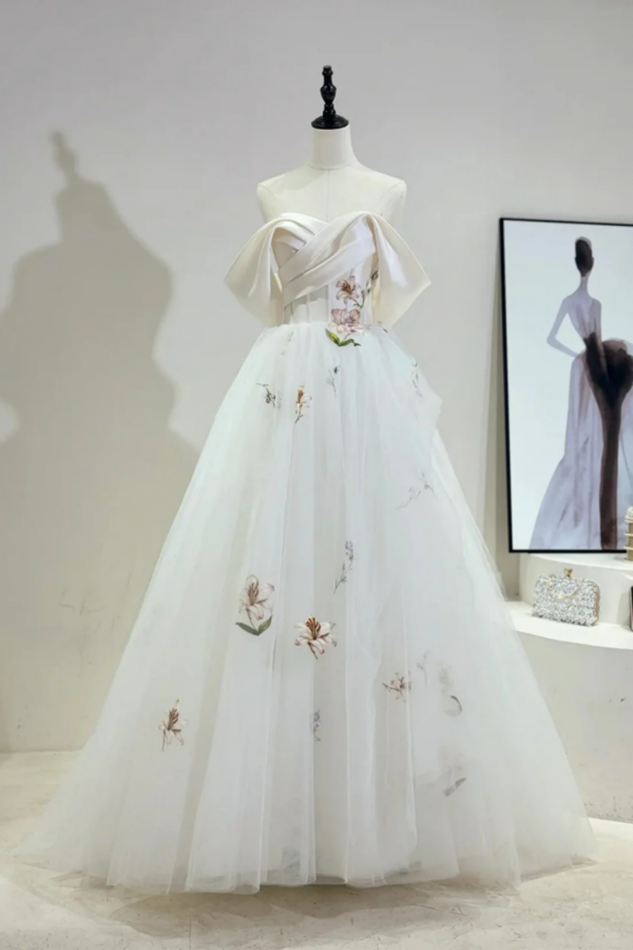 White Beaded Off Shoulder Tulle Wedding Party Dress, White Formal Dress Evening Dress