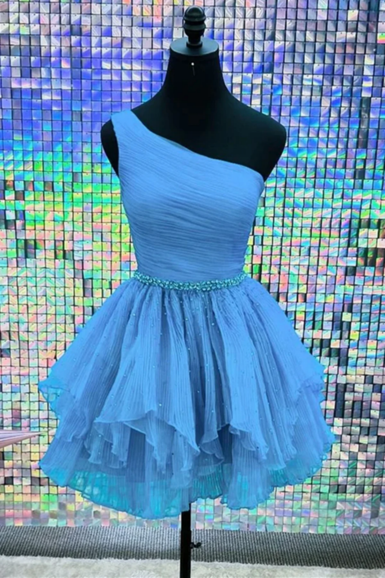 Shiny One Shoulder Blue Tulle Short Prom Dresses With Belt, Homecoming Dresses