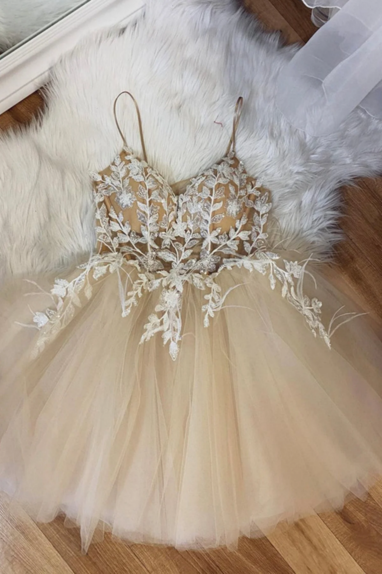 Champagne Tulle Lace Short Prom Homecoming Dresses, Lace Formal Evening Dresses
