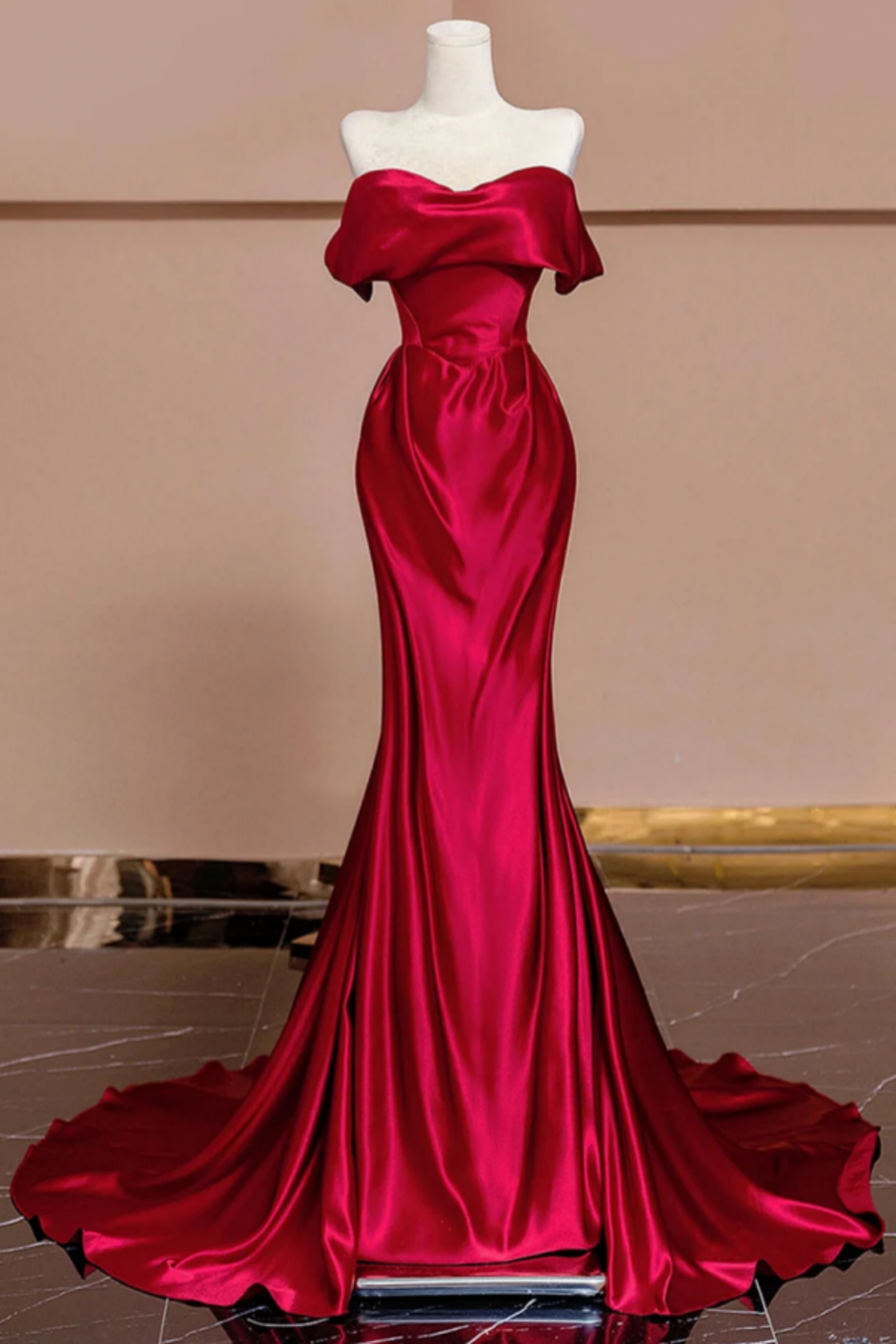 Wine Red Satin Off Shoulder Evening Dress, Wine Red Long Party Dress