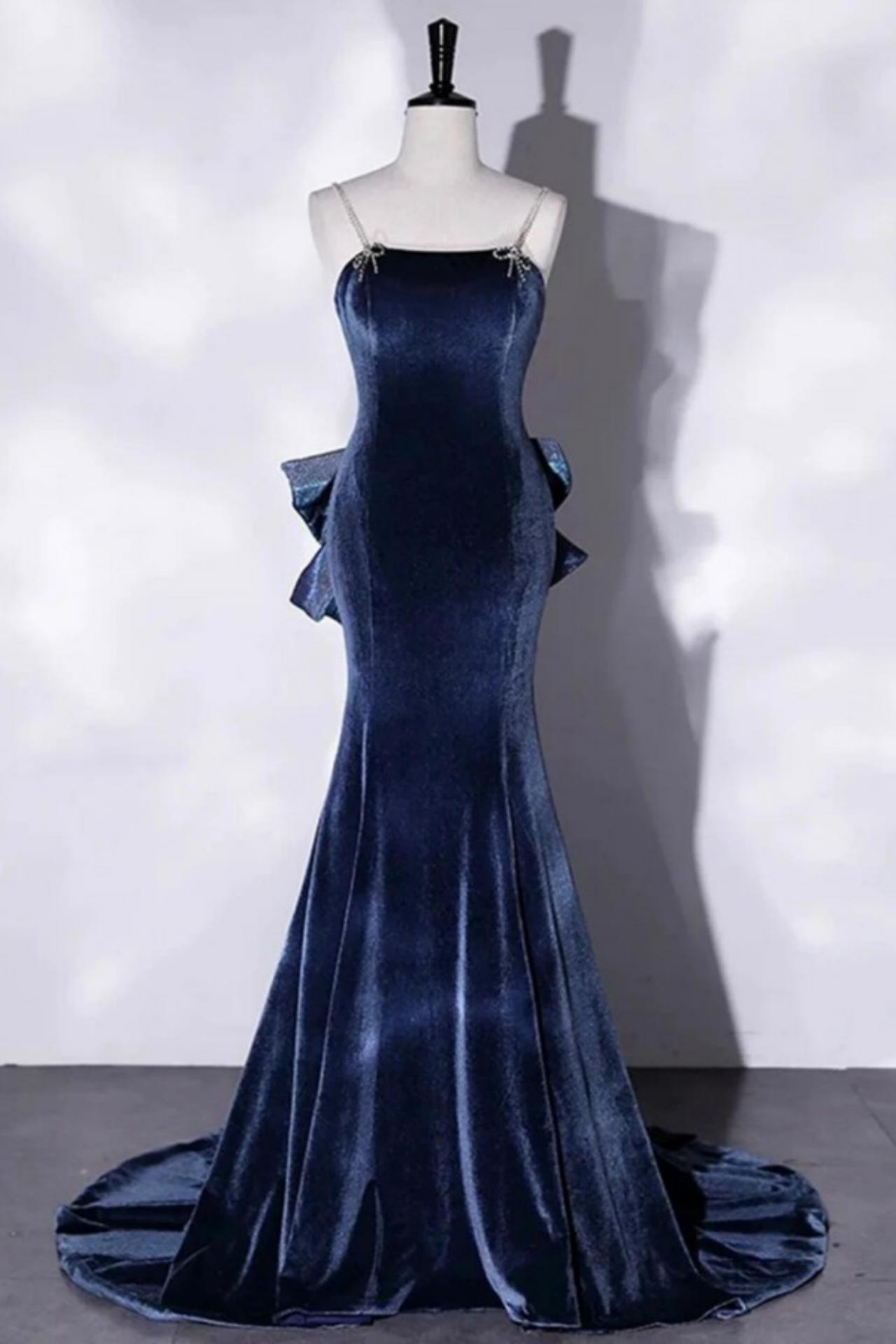 blue velvet party dress Navy Blue Velvet and Tulle Floor Length Evening Dress Party Dress, Blu