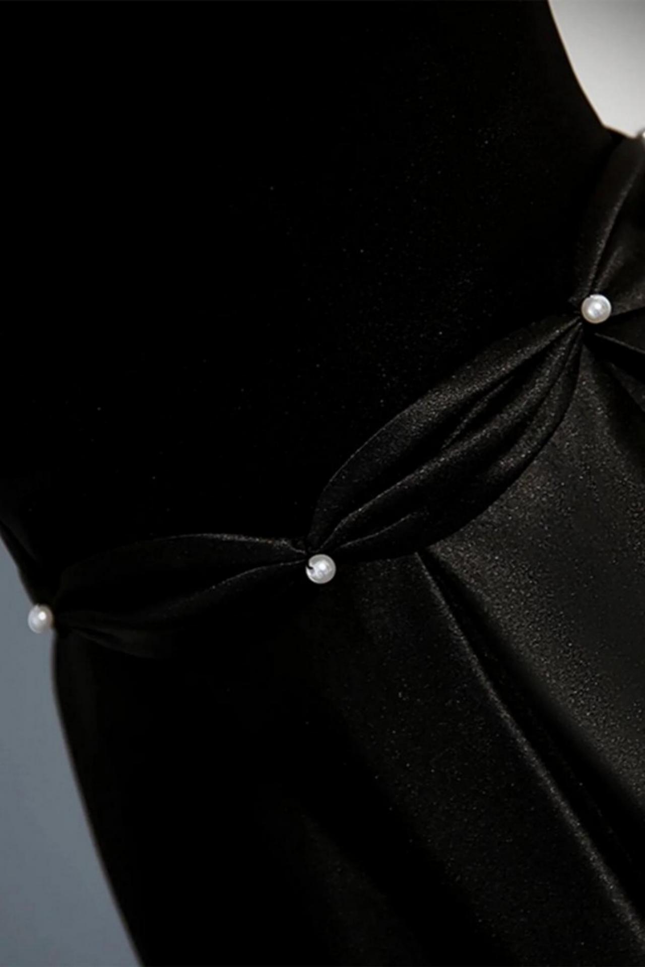 Black - Strapless A Line Satin Beaded Long Prom Dresses With Pockets main image 1