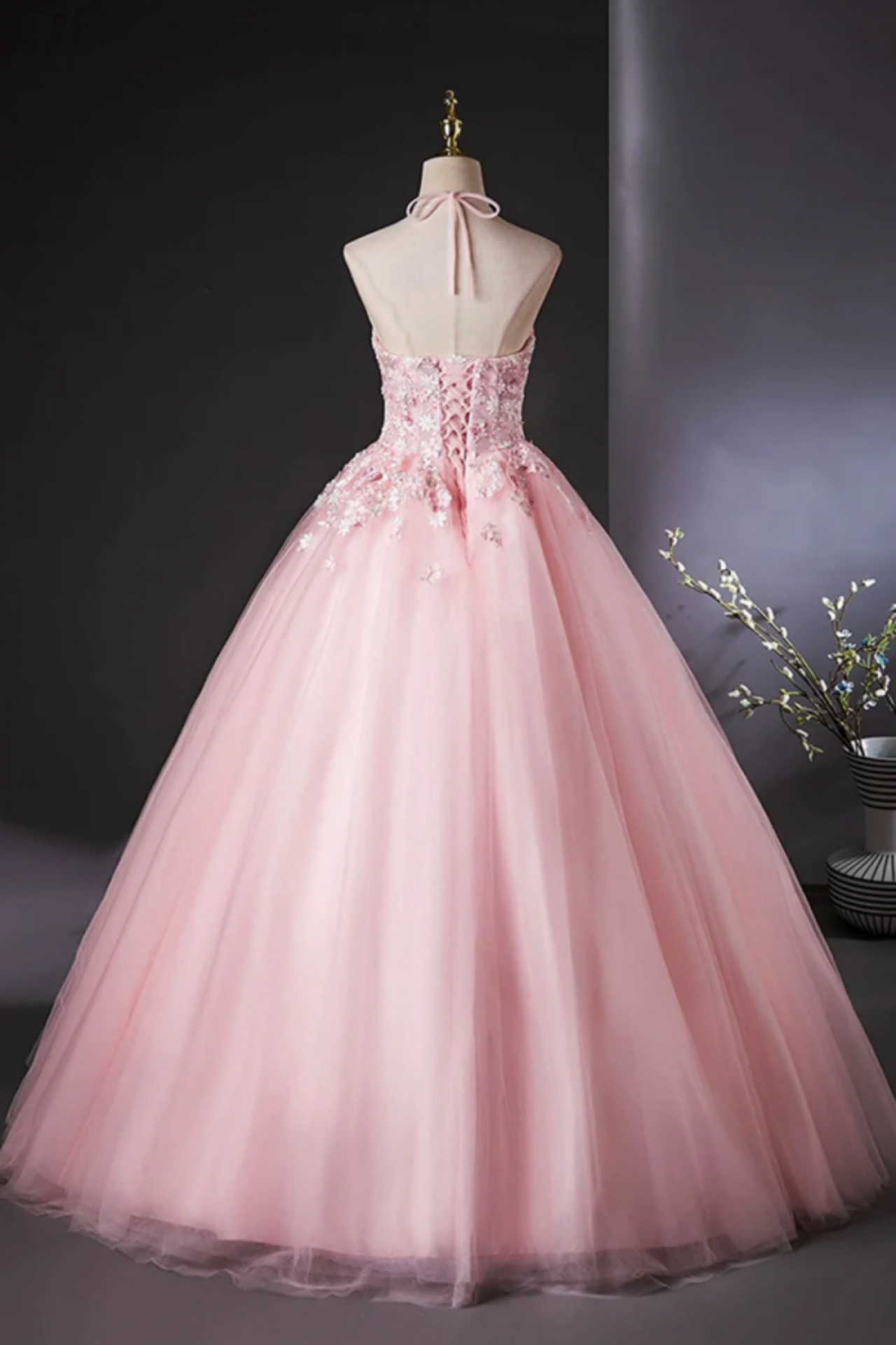 Blush Pink Tulle Halter Neck Pretty Long Dress