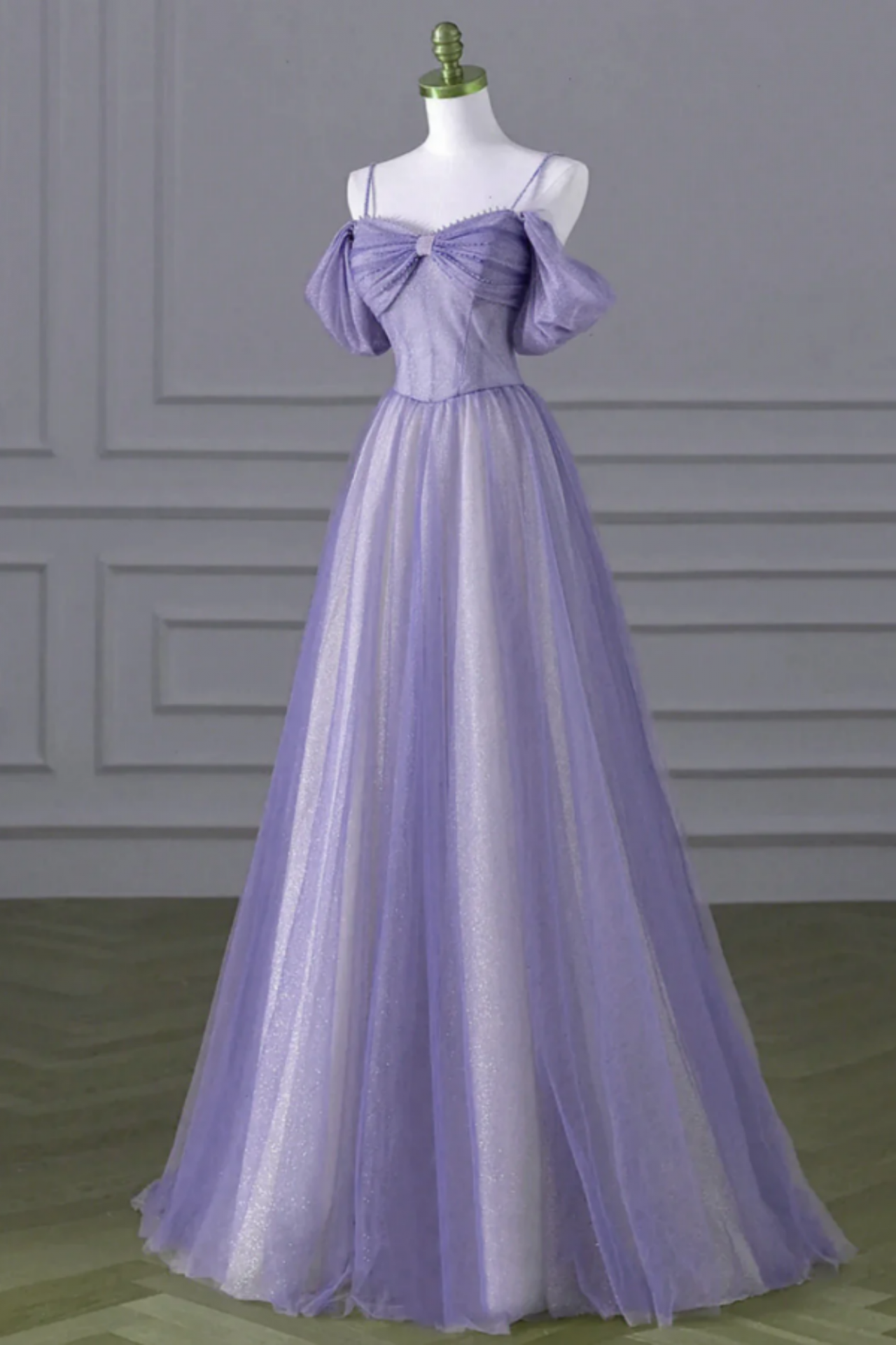 A Line Light Purple Tulle Beaded Long Party Dress, Prom Dress