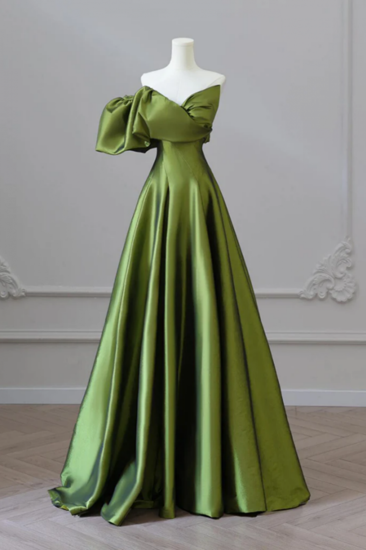 A Line V Neck Satin Green Long Prom Dress, Green Long Formal Dress on Luulla