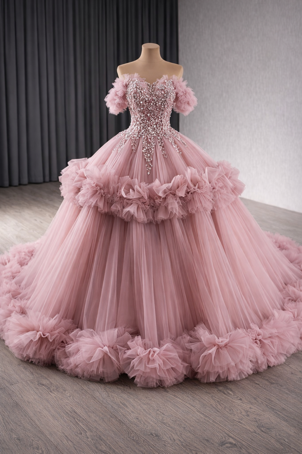 Blush Pink Off Shoulder Corset Ball Gown With Crystal Embellished Bodice  And Layered Ruffle Tulle Sk on Luulla