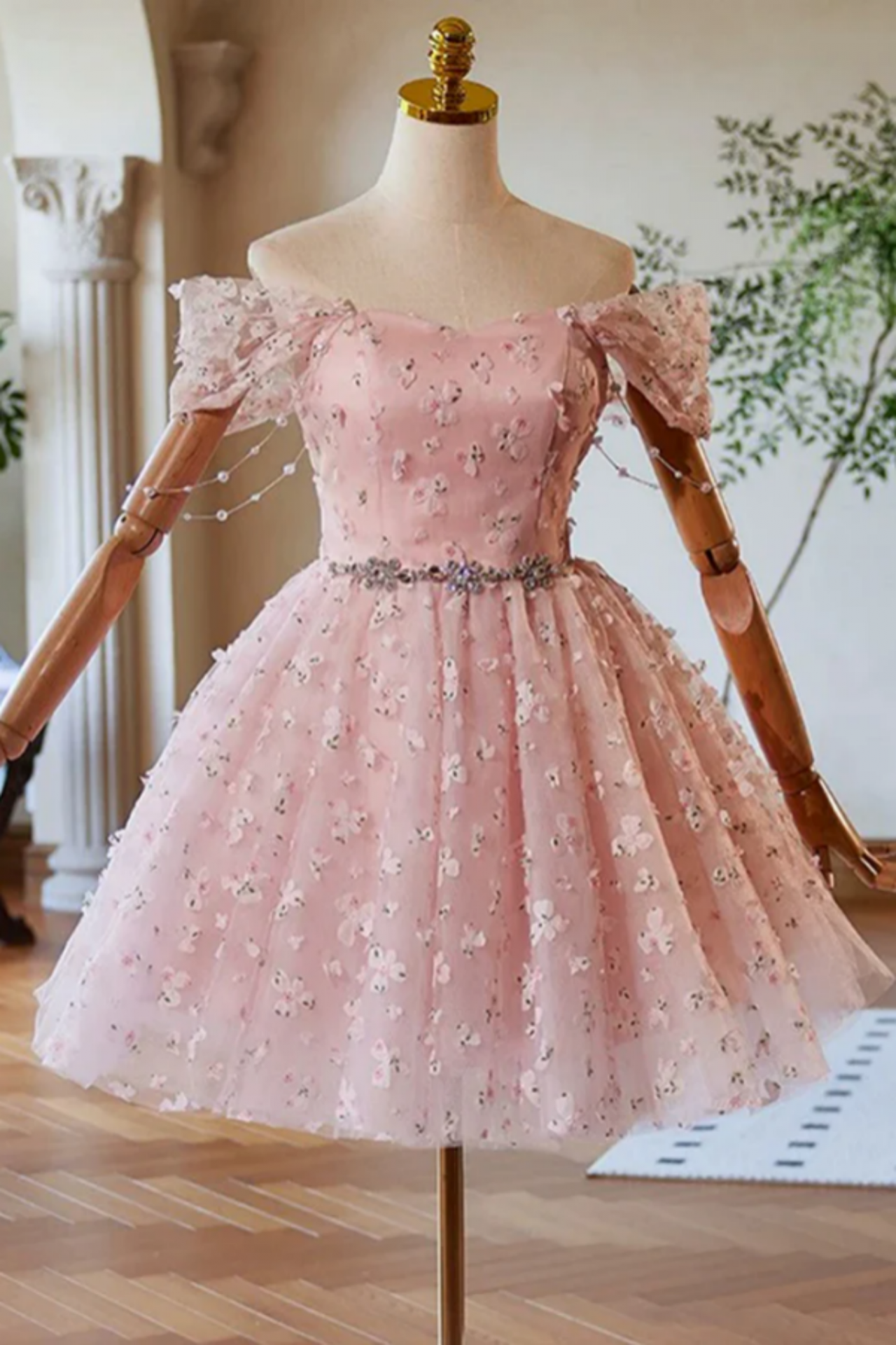 A Line Off Shoulder Tulle Lace Pink Short Prom Dress, Pink Homecoming Dress  on Luulla