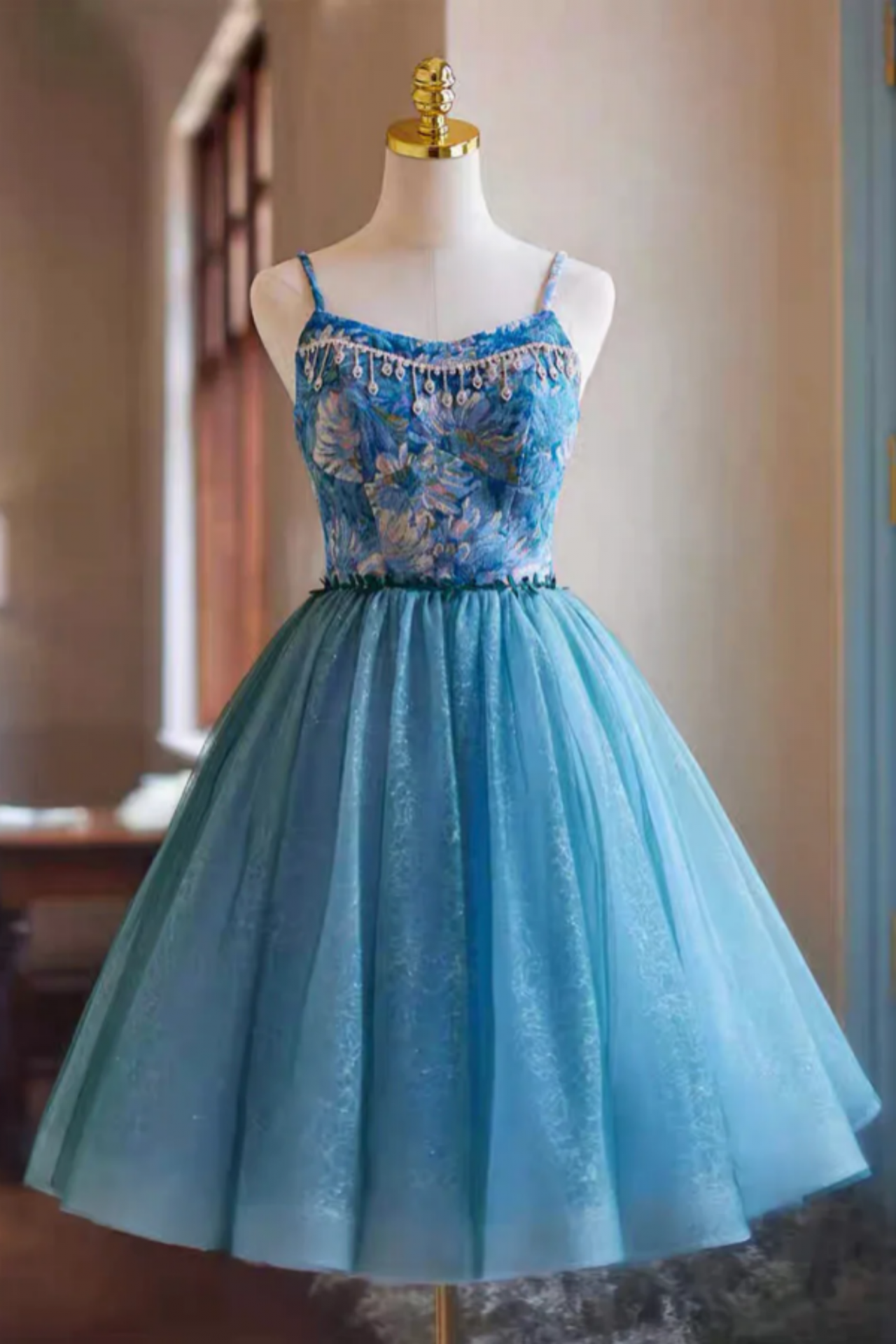 Blue Rhinestone Printing Short Homecoming Dress, Spaghetti Straps  Sleeveless Backless Party Dress on Luulla