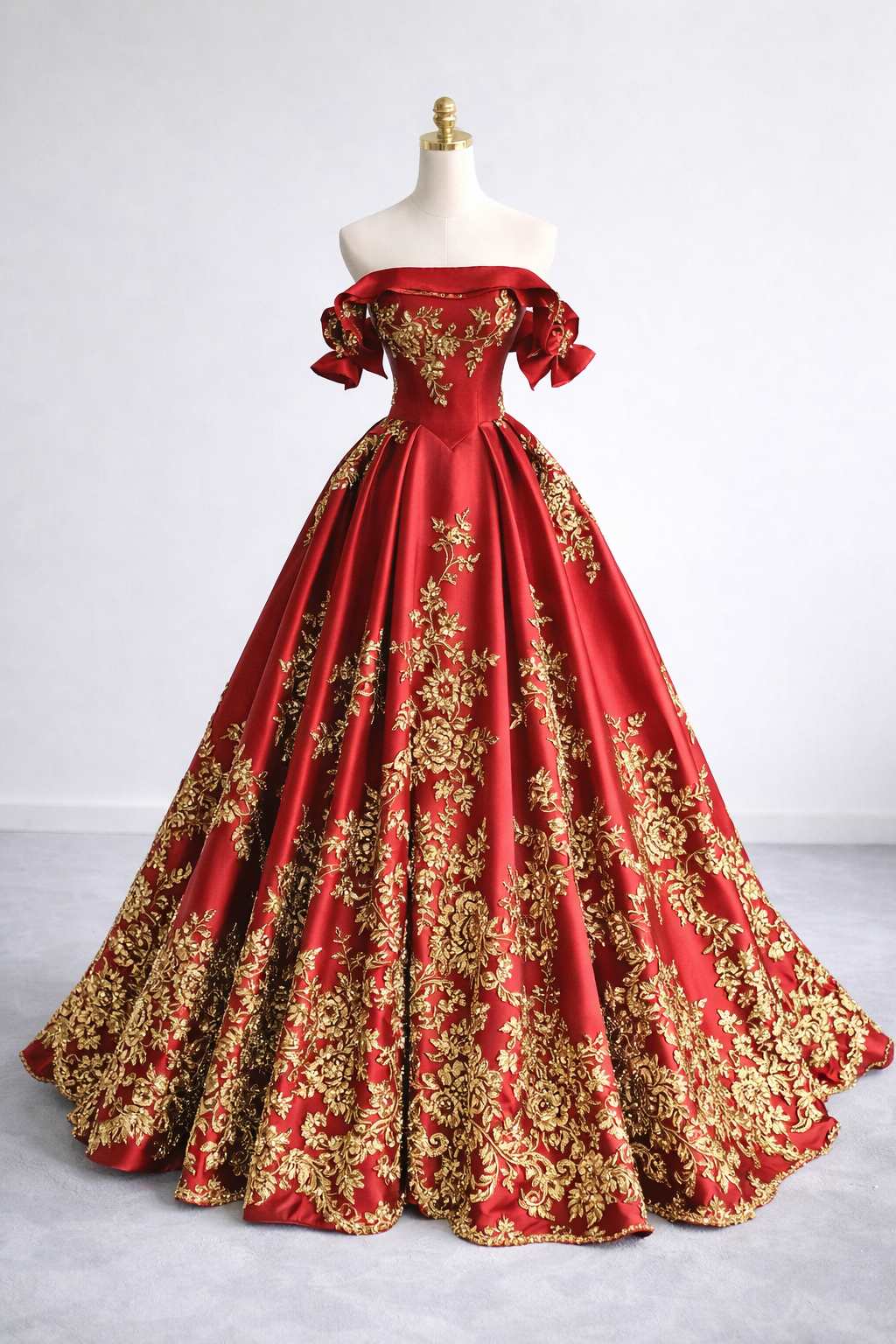 red and gold dress evening gown Red and Gold Quince Dress with Cape Sleeves main image 0