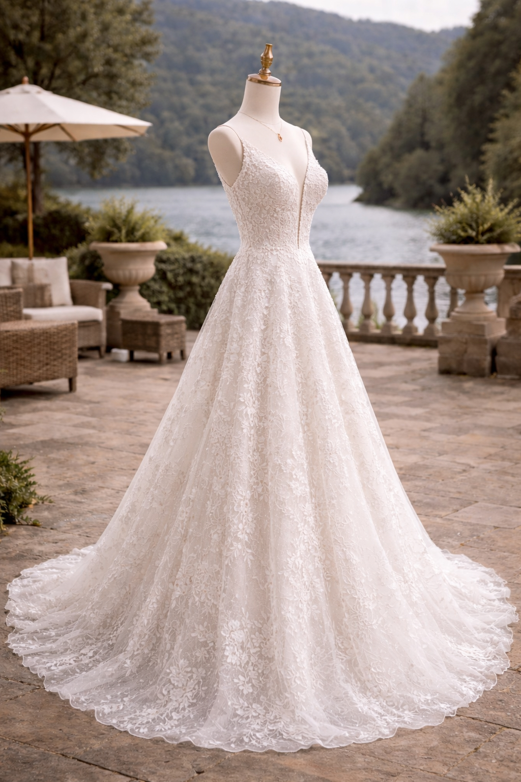 Ivory Deep V Lace A Line Wedding Dress With Spaghetti Straps And Flowing Train Ivory Deep V Lace A Line Wedding Dress With Spaghetti Straps And Flowing Train