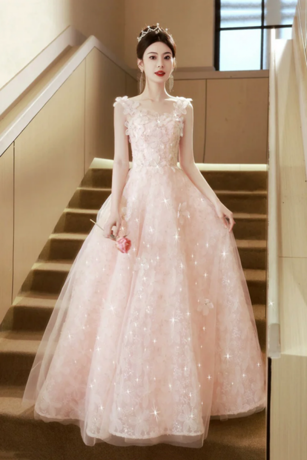 Pink Flowers Tulle Long Prom Dress, Pink A Line Evening Party Dress on  Luulla