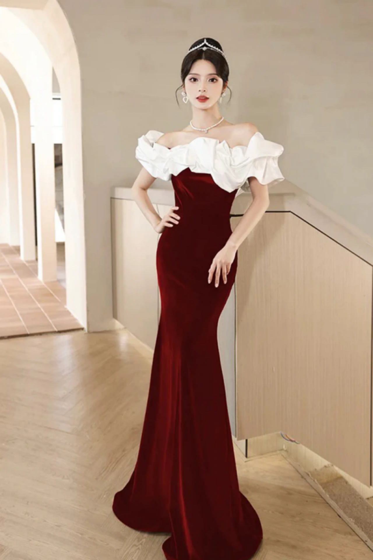 White And Burgundy Velvet Long Prom Dress, Mermaid Off The Shoulder Party Dress on Luulla