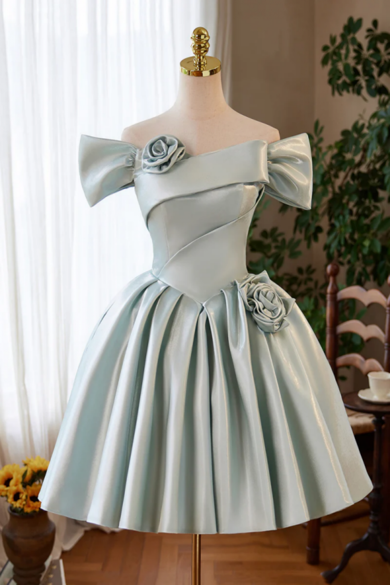 Gray Green Satin Short Prom Dress, Cute A Line Homecoming Party Dress