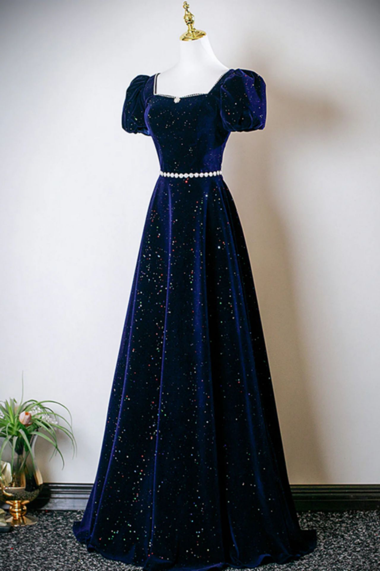 A Line Navy Blue Velvet Short Sleeves Long Prom Dress, Wedding Party Dress
