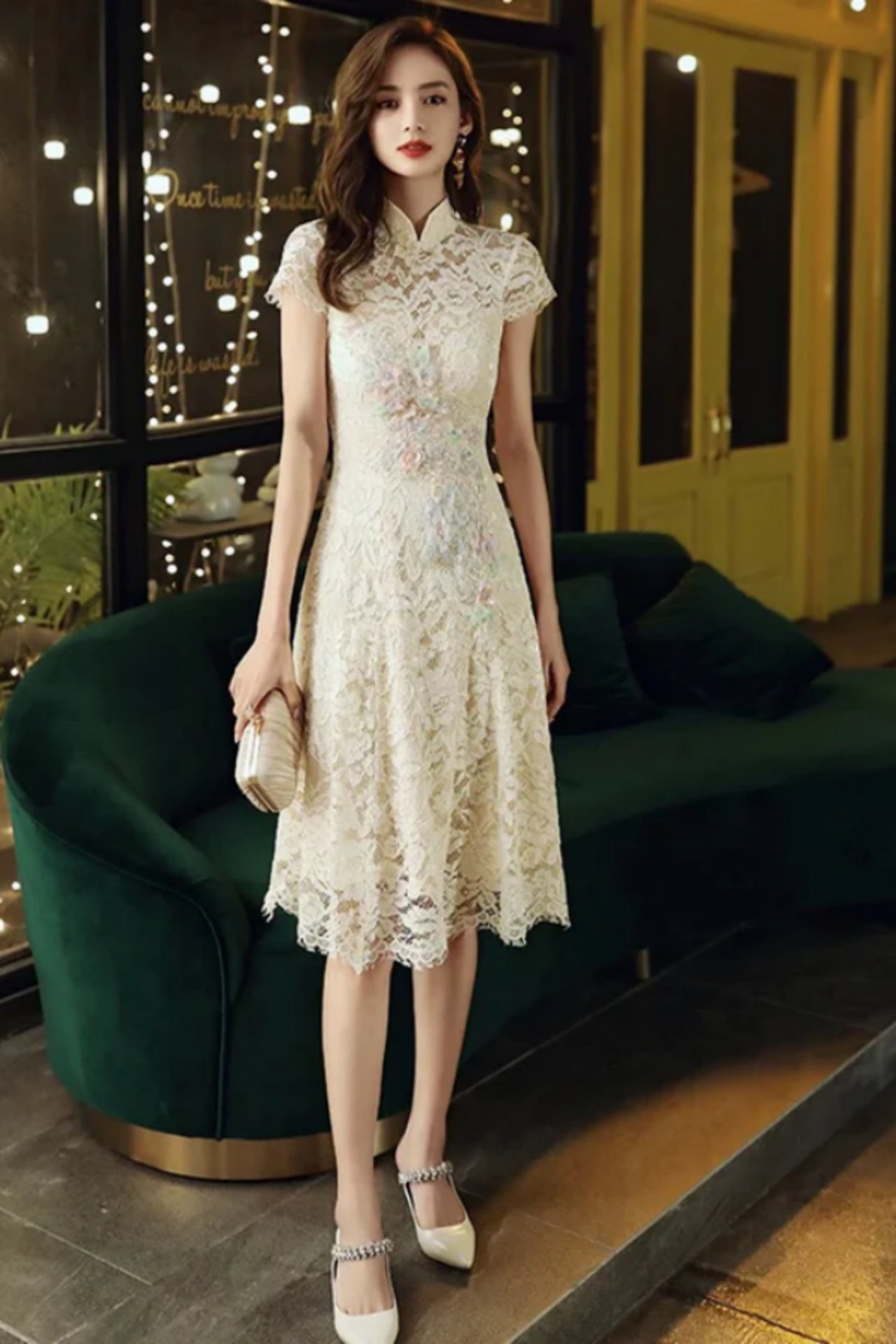 Light Champagne Lace High Neckline Wedding Party Dress, Homecoming Dress