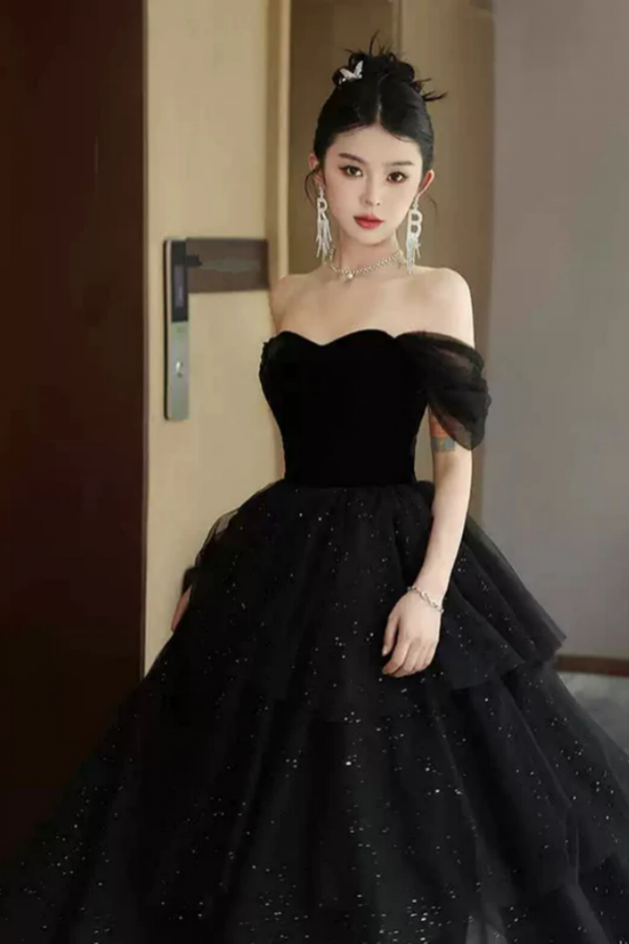 A Line Black Tulle And Velvet Layers Long Party Dress, Off Shoulder Prom Dress