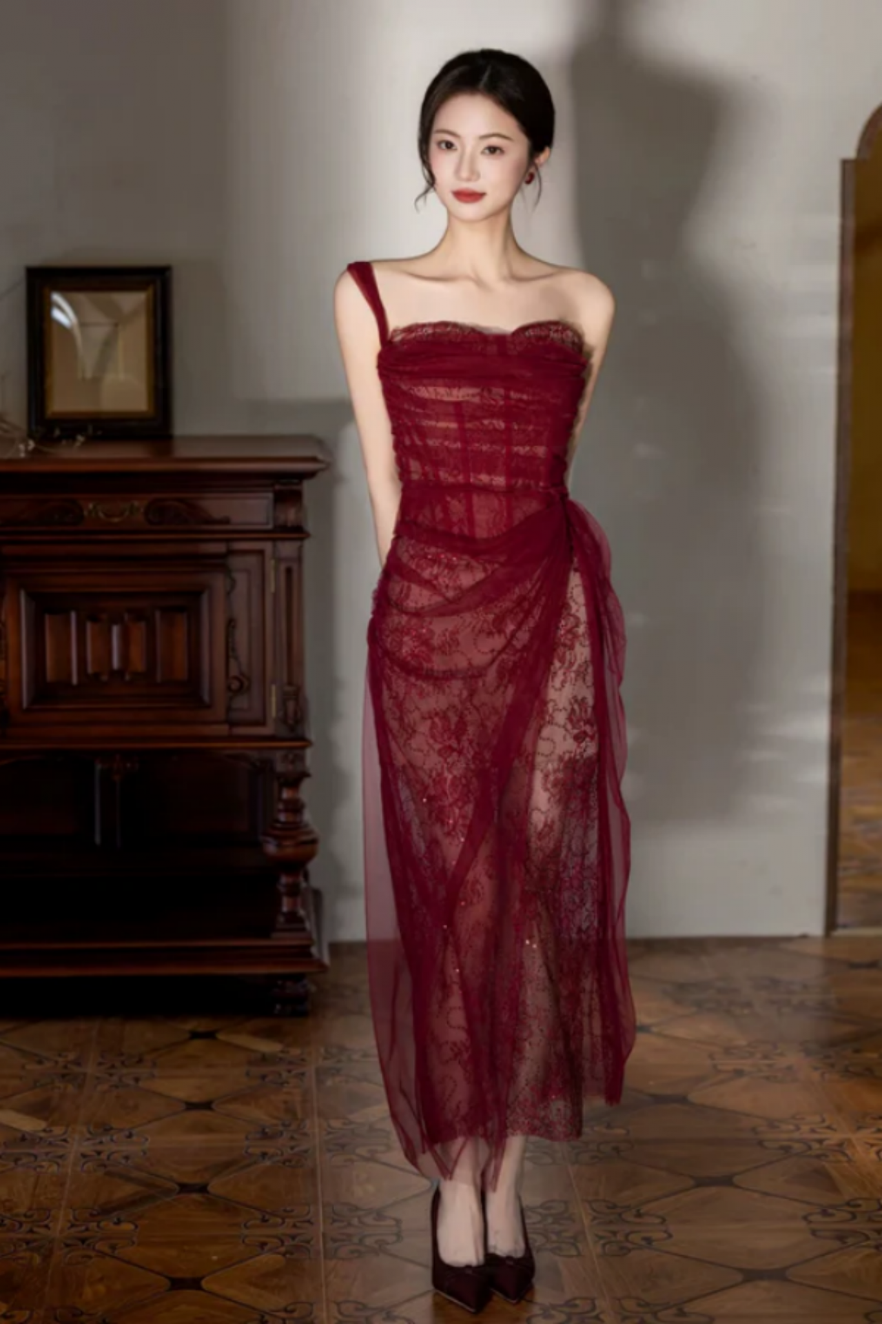 Wine Red Tulle and Lace One Shoulder Party Dress, A Line Wedding Party Dress