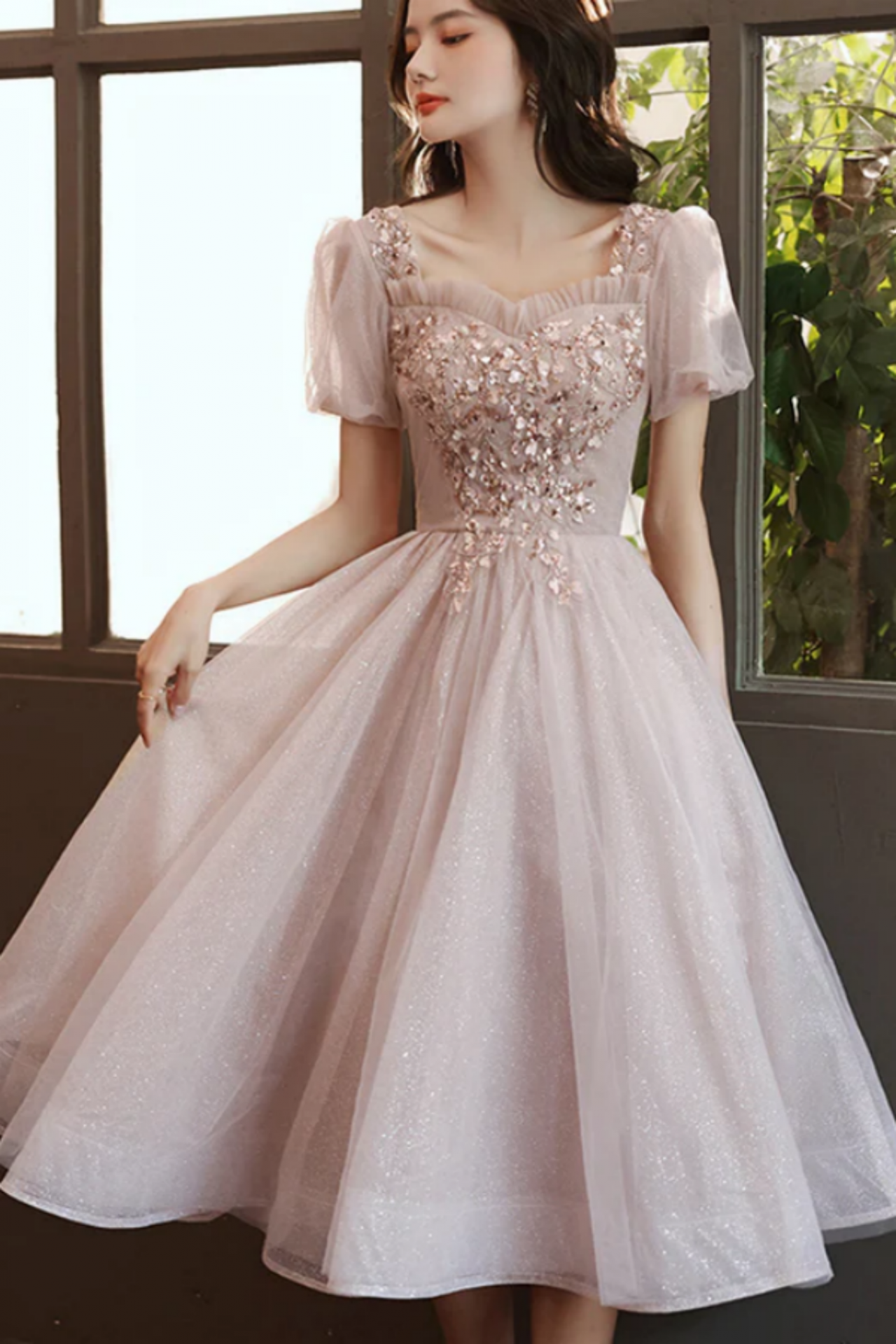 Pink Tulle Short Sleeves Beaded Knee Length Party Dress, Homecoming Dress