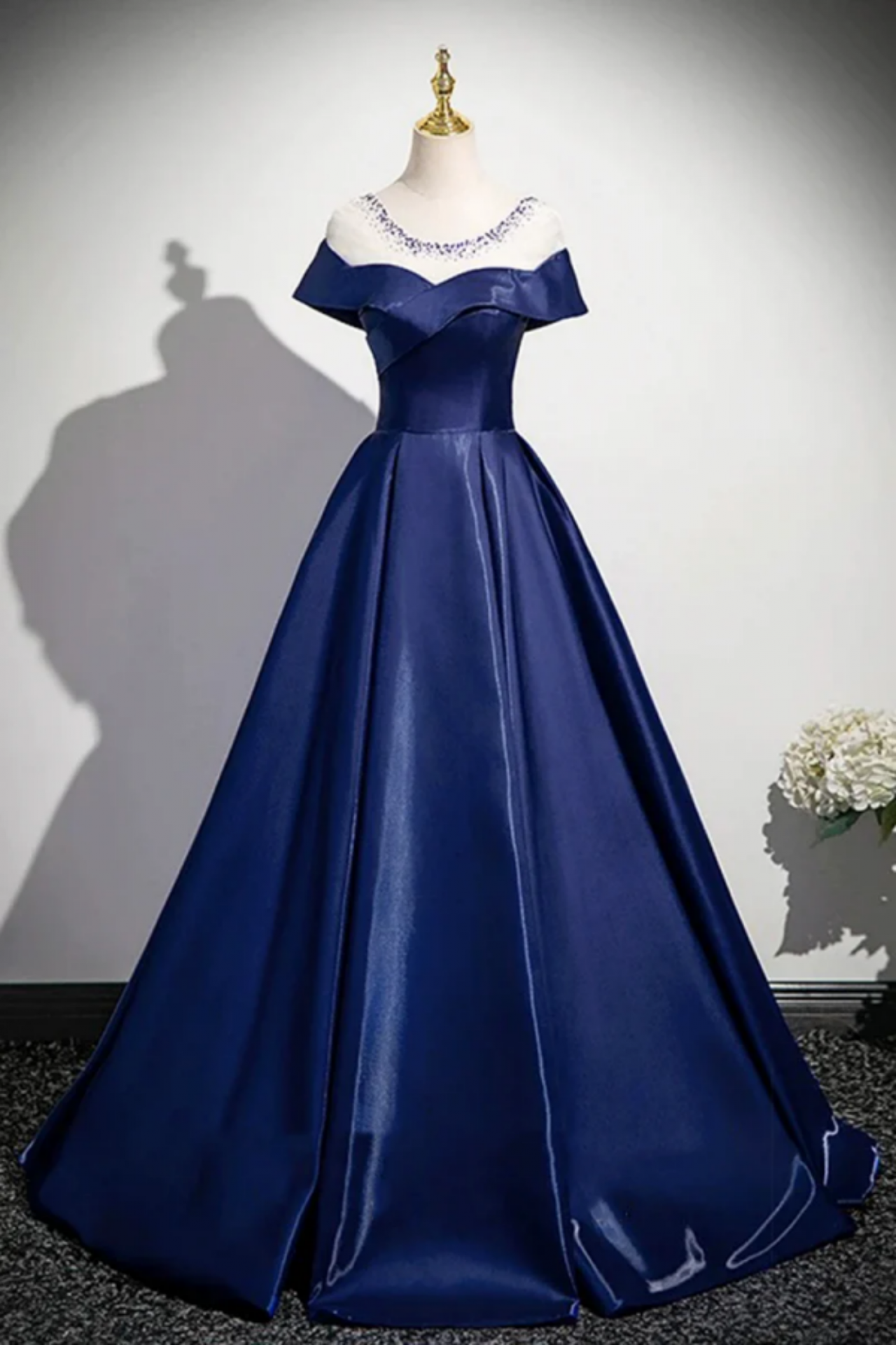 Navy A Line Satin Long Prom Dress, Short Sleeve Evening Party Dress on  Luulla