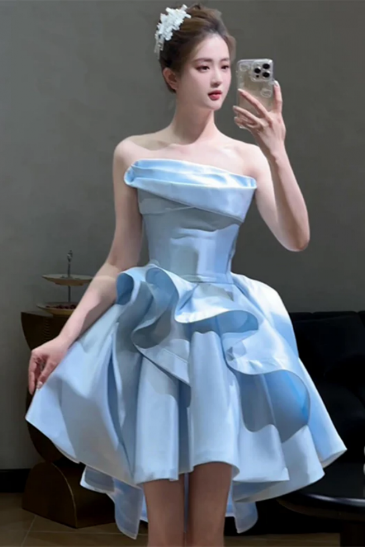 Light Blue Satin Strapless Knee Length Party Dress, Homecoming Dress