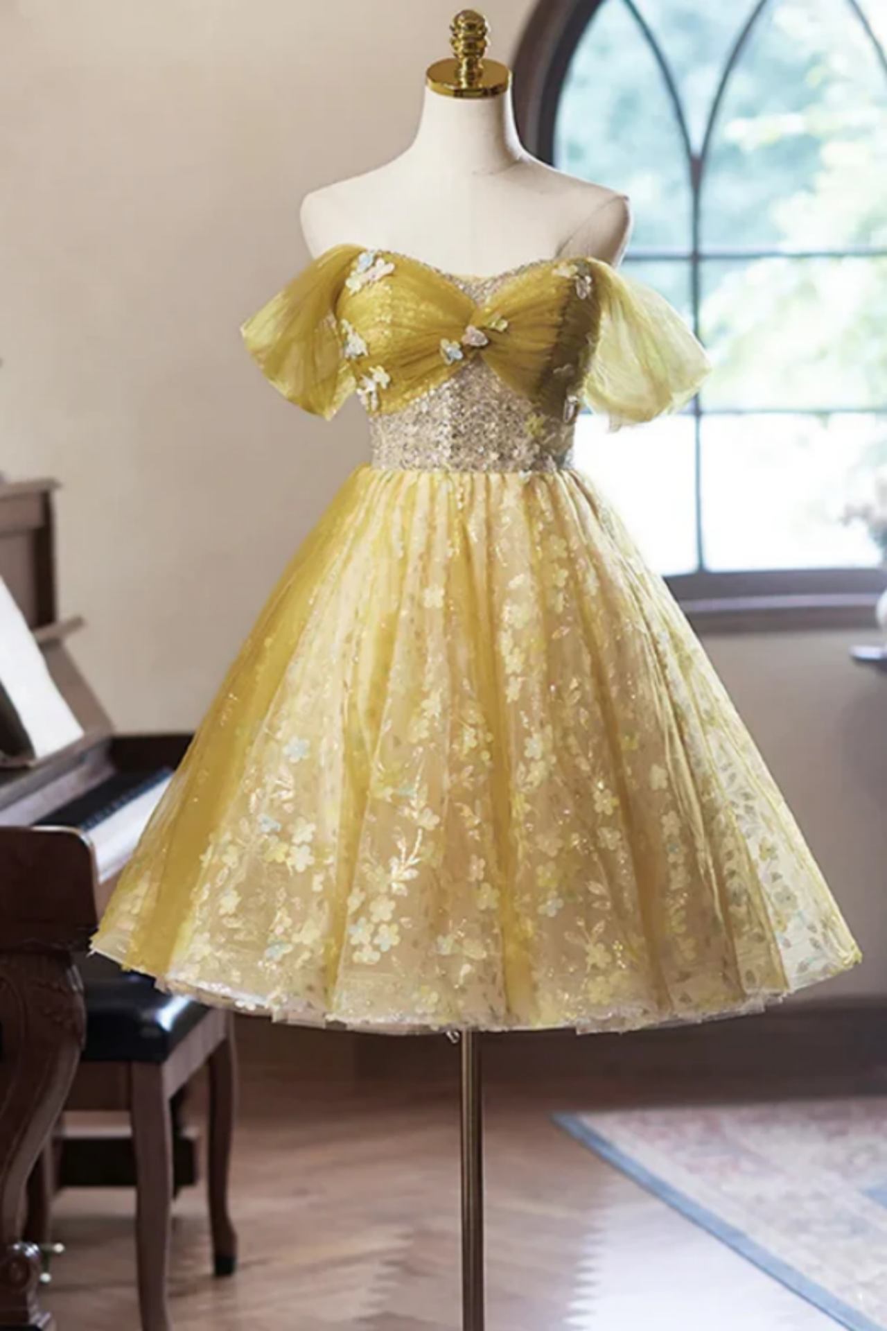 A Line Floral Tulle Knee Length Prom Dress, Sweetheart Off Shoulder Homecoming Dress