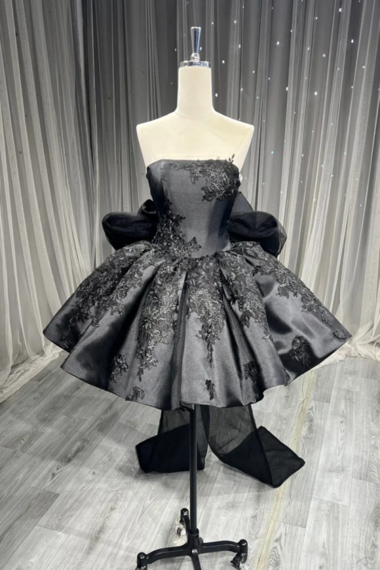 navy blue dress for baby girl Simple A line Strapless Sleeveless Black Prom Dresses Slit Knee Length main image 1