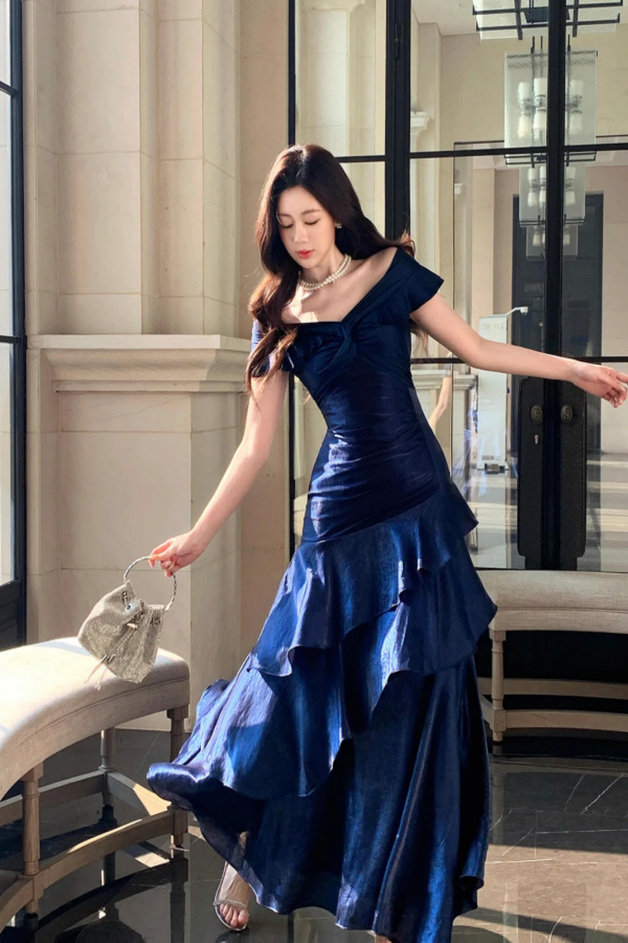 navy blue off the shoulder mermaid prom dress Navy Blue Mermaid Off-the-shoulder Appliques Prom Dress with High Slit