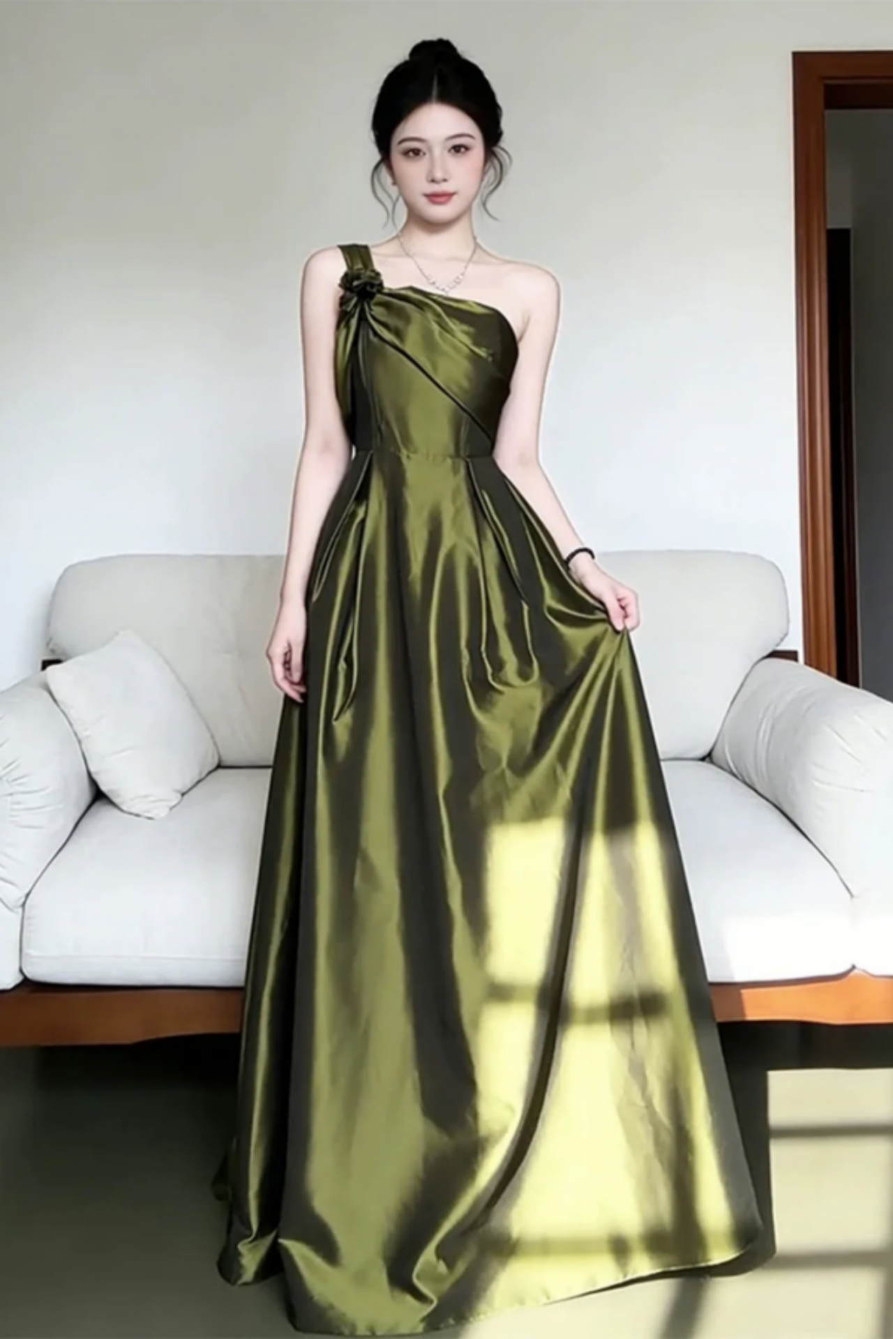 Elegant Olive Green One Shoulder Satin Prom Dress, Vintage Inspired A Line  Formal Dress on Luulla