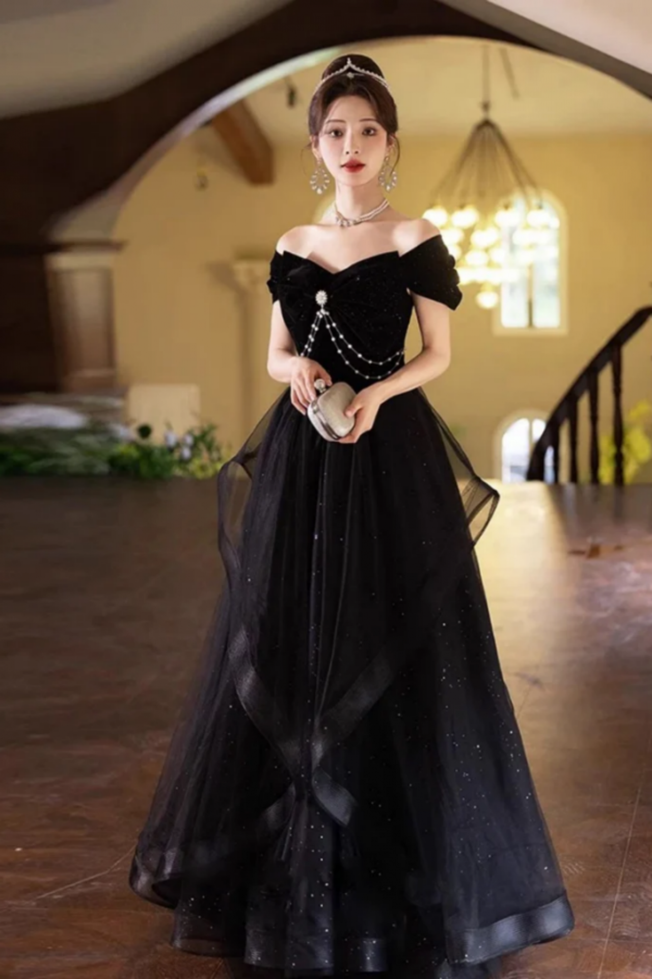 formal black dress for graduation Off The Shoulder Tulle Lace Prom Dresses, Dresses on Luulla line dress