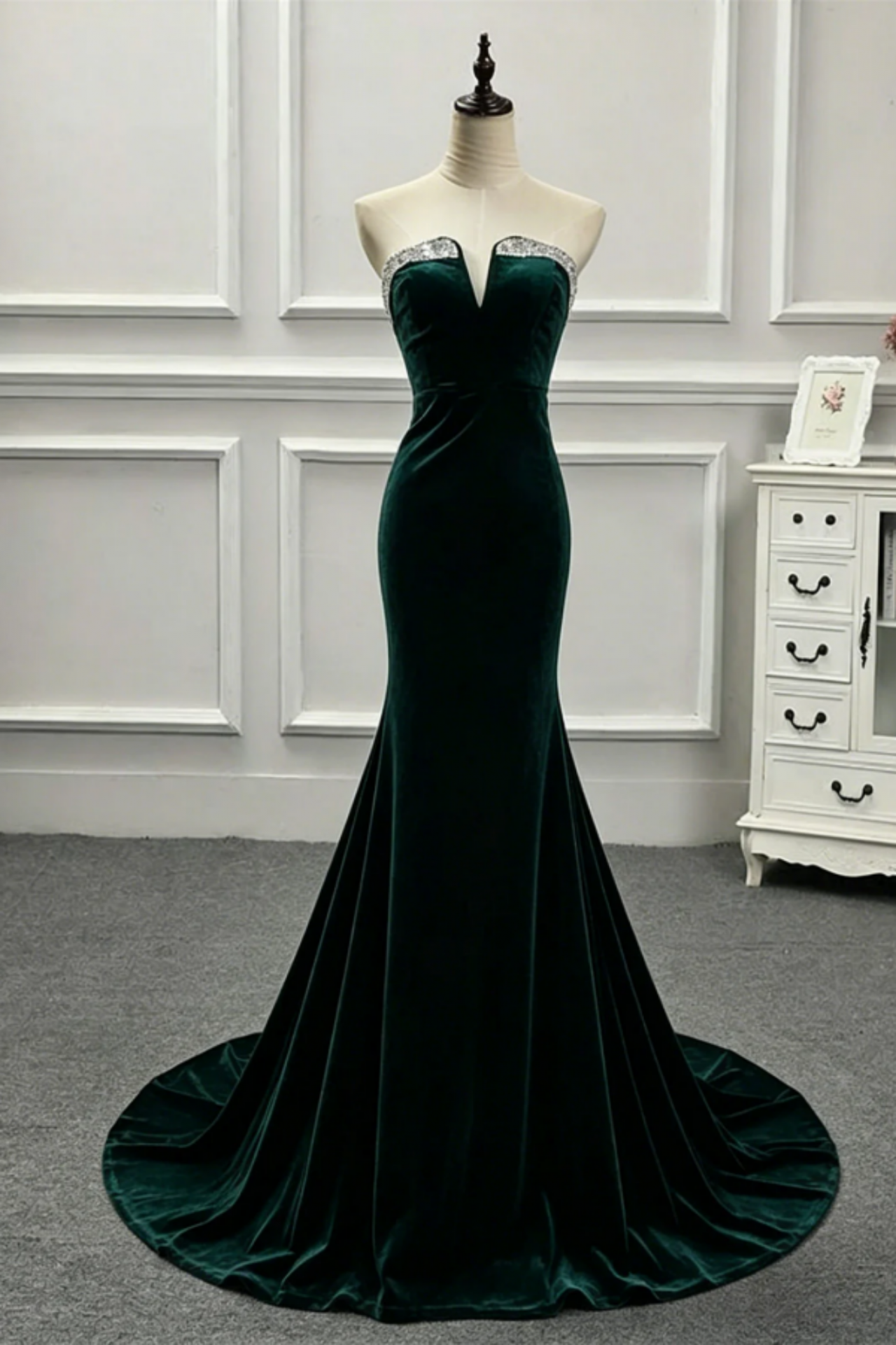 green velvet dresses for wedding Mermaid Strapless Long Formal Dress, Party Evening Dress this floor Dark Green Velvet Dress -