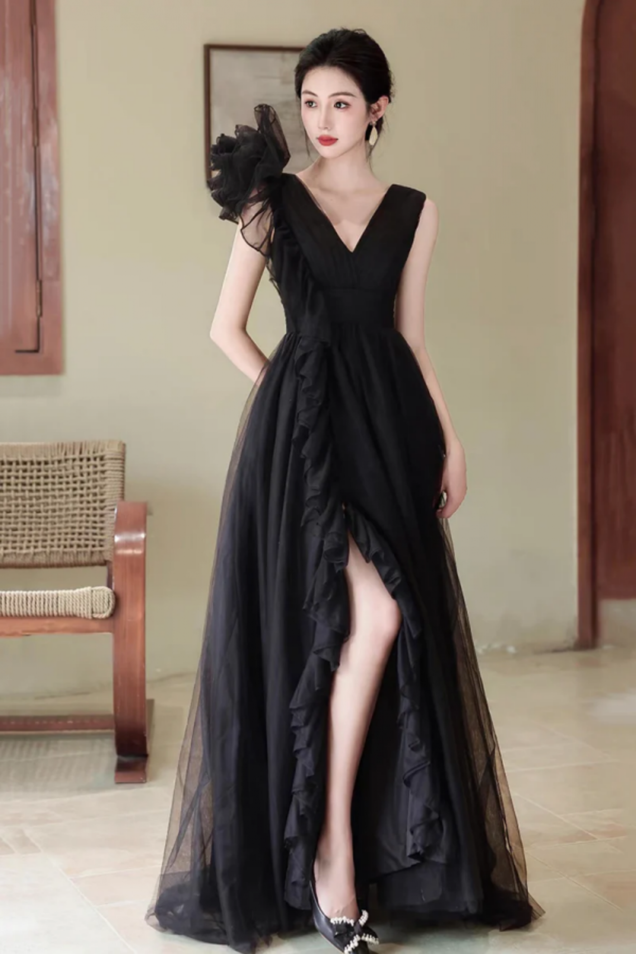 Sophisticated Black Tulle Evening Prom Dress With Asymmetrical Ruffle Detail on Luulla