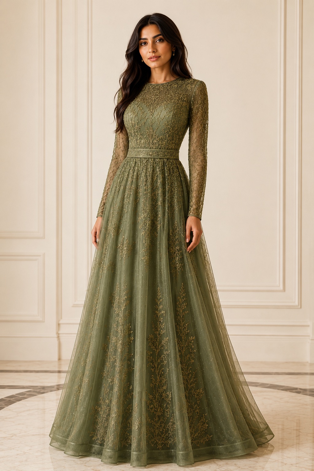 Olive Green Long Sleeve Evening Dress With Gold Embroidered Details on Luulla