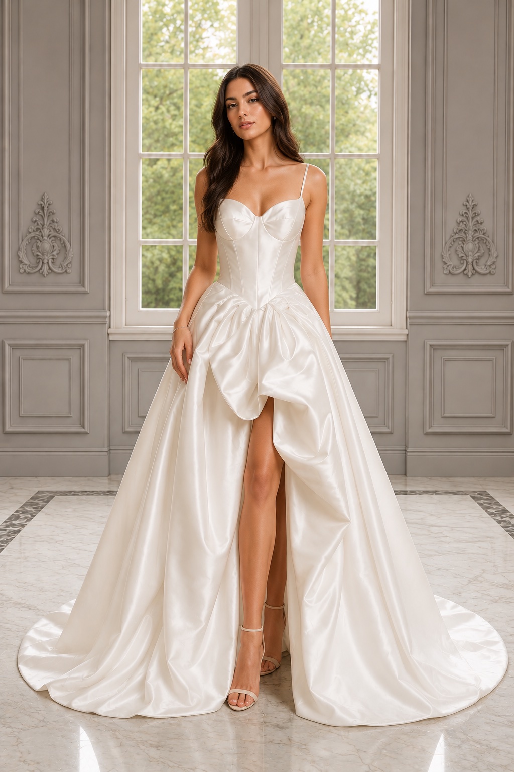 sculpted corset bodice satin wedding dress Ivory Bridal With Bodice, Draped Skirt And Front Slit on Luulla Lace TROUSER WAIST SIZE:48 INCH WAIST | REGULAR LENGTH size-xl-for-uk-size-12-14-eu-40-42 Women's Red Brocade Midi The back of the