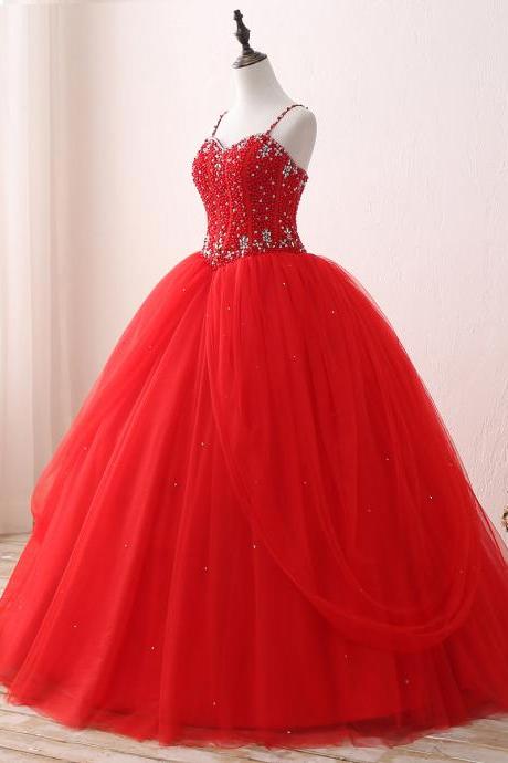 Red Suspender Beaded Wedding Dress Prom Party Evening Dress Kpw0067
