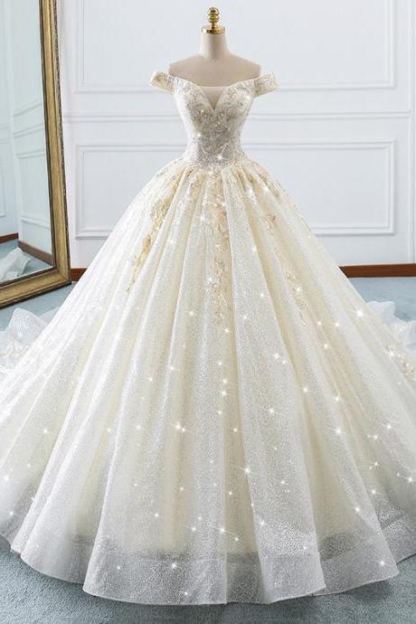 Custom Made Champagne Off The Shoulder Long Wedding Dress Tulle Bridal Dress Kpw0070
