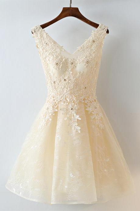 Adorable Champagne Short Lace V-neckline Homecoming Dress, Short Prom Dress Kpp0437