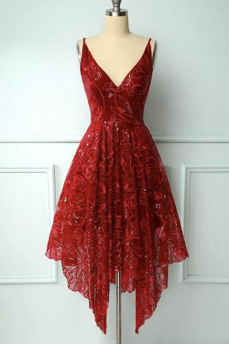 Burgundy V Neck Sequins High Low Prom Dress Evening Dress Kpp0441
