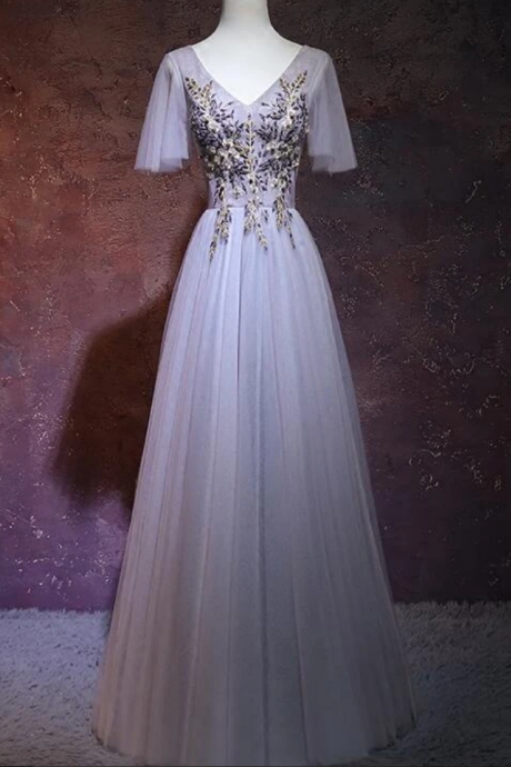 Tulle Long V-neckline Party Dress, Tulle Bridesmaid Dress Kpp0442