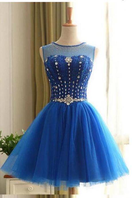 Short Royal Blue Homecoming Dress With Beaded Sequins Top Ball Gown Kpp0445