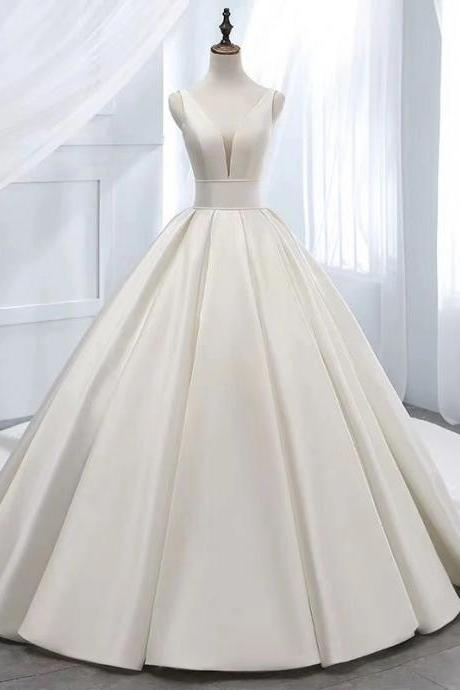 Women Wedding Shoulder V-neck Satin Simple Trailing Hepburn Bride Wedding Dress Kpp0447