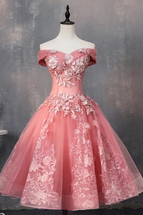 Pink Tea Length Sweetheart Off Shoulder Prom Dress, Sweet 16 Dresses Kpp0458