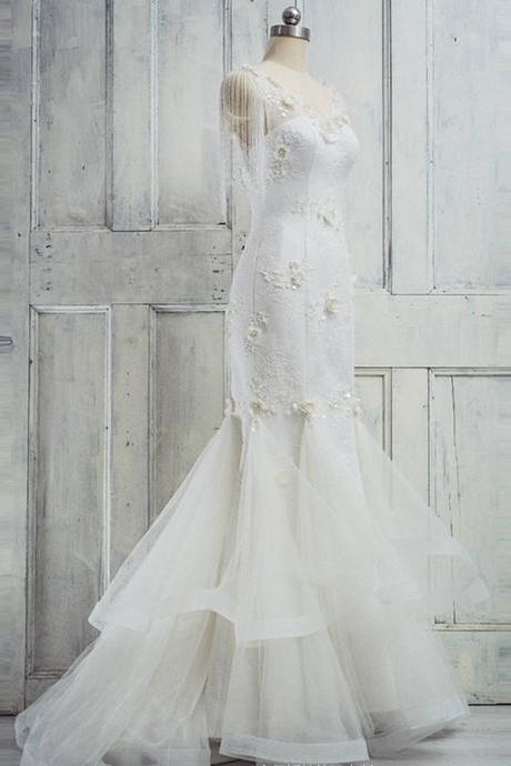 Anneprom Mermaid Long Tiered Beading Ivory Wedding Dress KPP0466