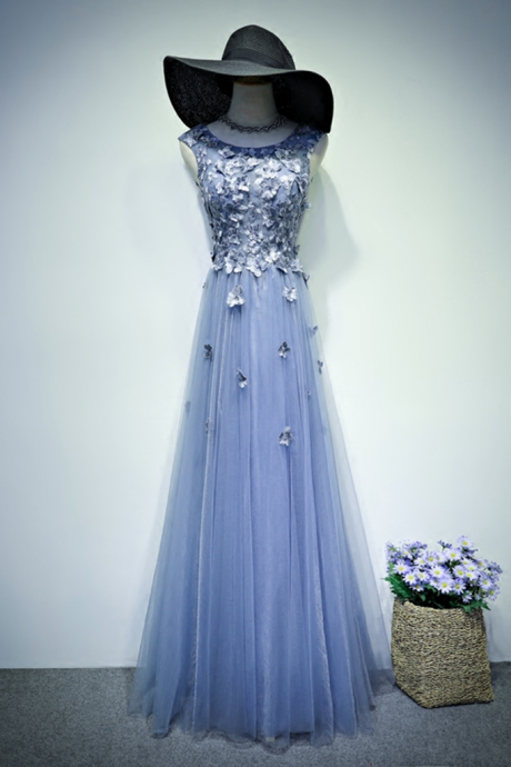 Kateprom Charming Appliques Tulle Formal Floor Length Blue Long Prom Dress Kpp0472