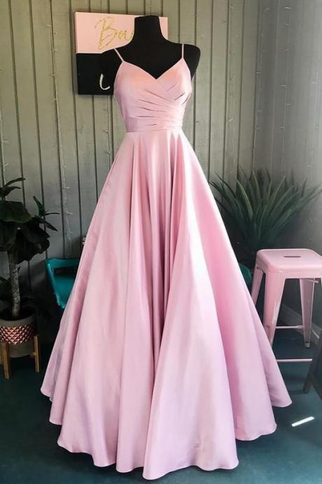 Kateprom Elegant Pleated A-line Pink Customized V-neck Long Evening Prom Dresses Kpp0474