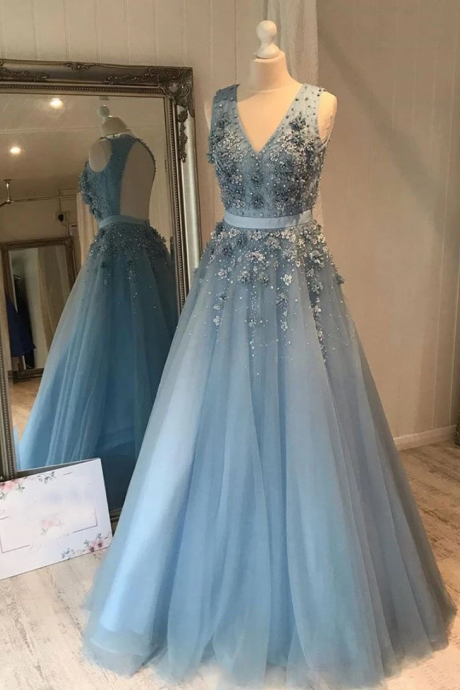 kateprom Silver Blue tulle lace long prom dress evening dress KPP0479