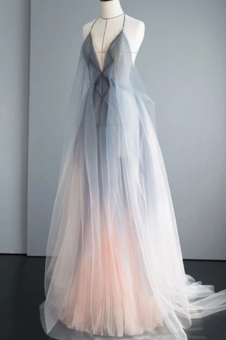 kateprom Gray Tulle Open Back Long A Line Prom Dress, Evening Dress KPP0485