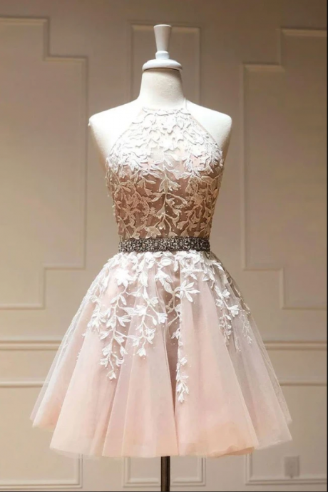 kateprom Champagne tulle lace short prom dress champagne homecoming dress KPP0495