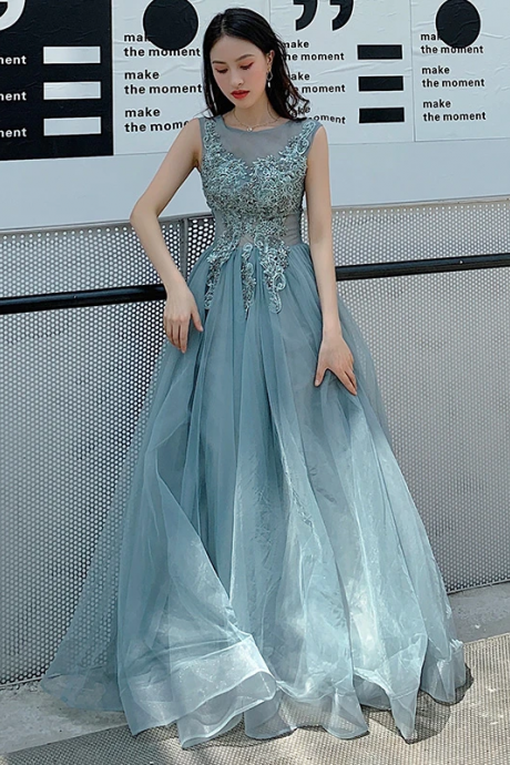 kateprom Blue tulle lace long prom dress, evening dress KPP0496